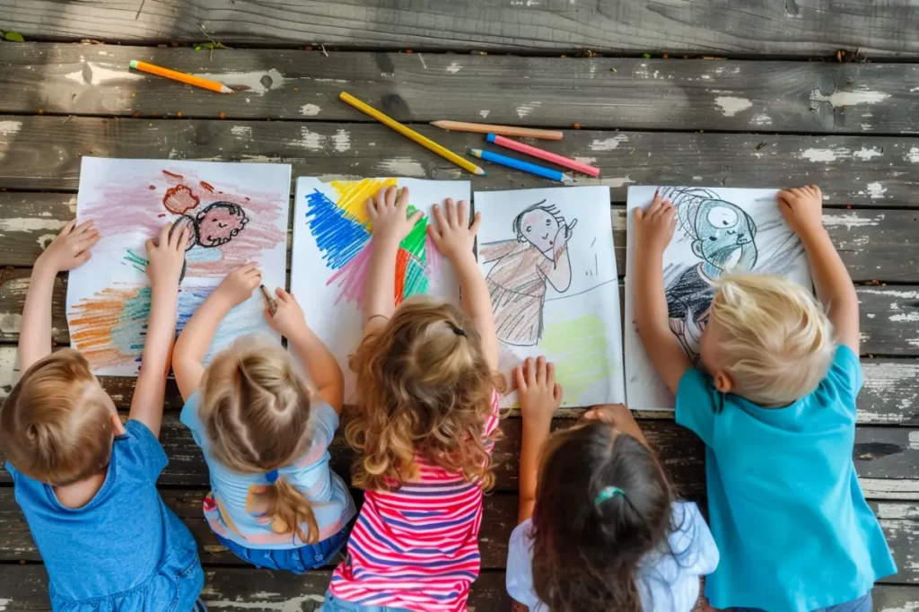 Dzieci w grupie rysują postacie z bajek, ciekawa zabawa dla najmłodszych
